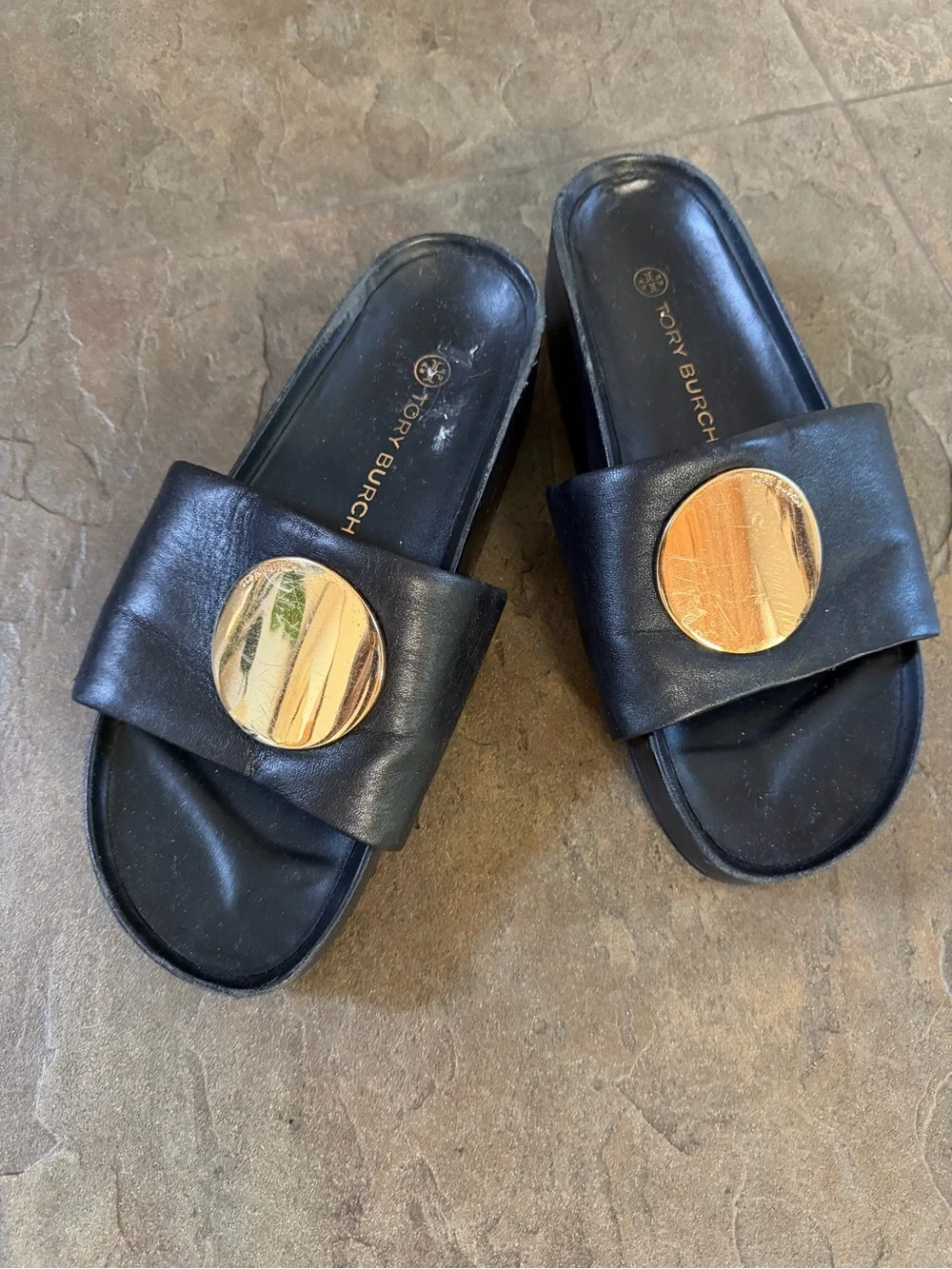 Tory Burch Black Leather Slide Sandals with Gold Medallion